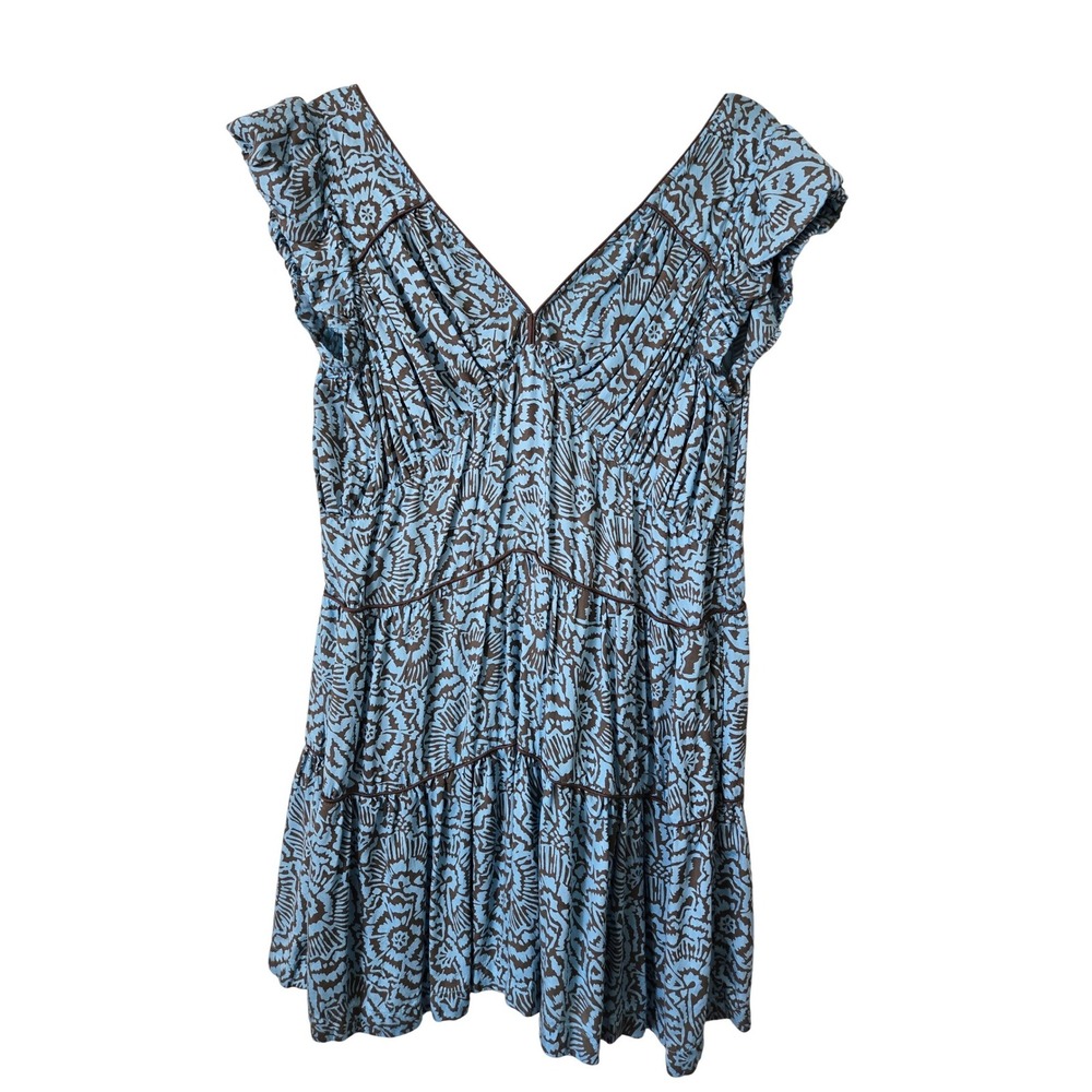 Omika Anthropologie Womens L Mini Dress Blue Tiered V-Neck Flutter Sleeve Satin